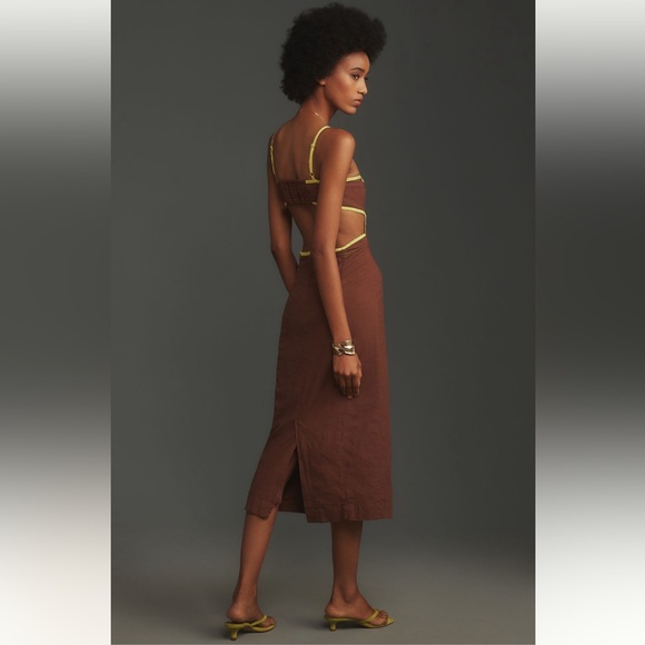 Anthropologie Dresses & Skirts - Maeve Anthropologie Dafni Cutout Linen Midi Dress Brown/Lime Green L